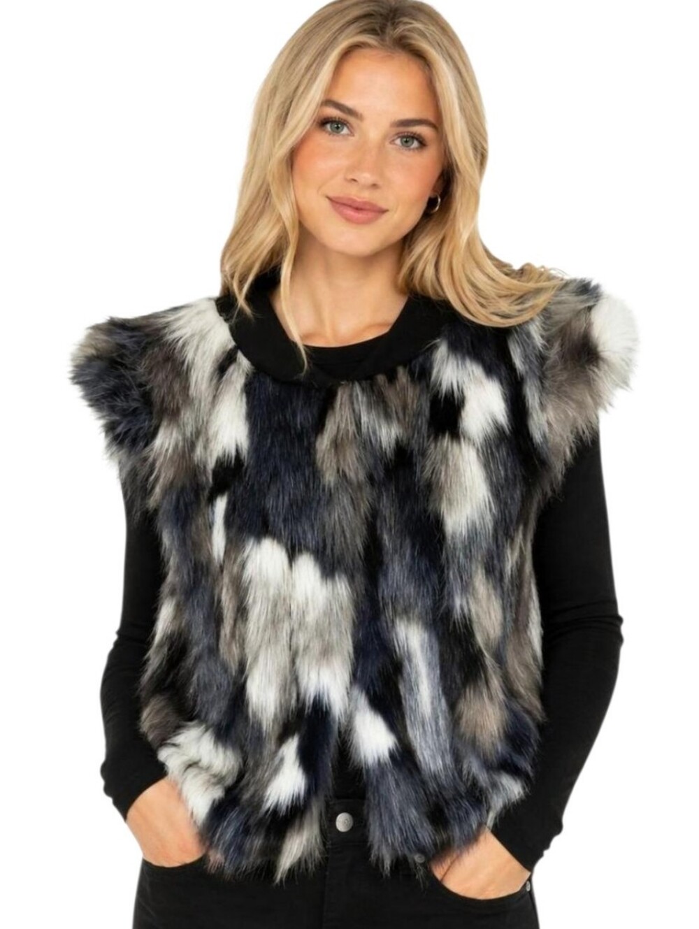 Cabi Frosty Blue Black Patchwork Faux Fur Cropped Vest M